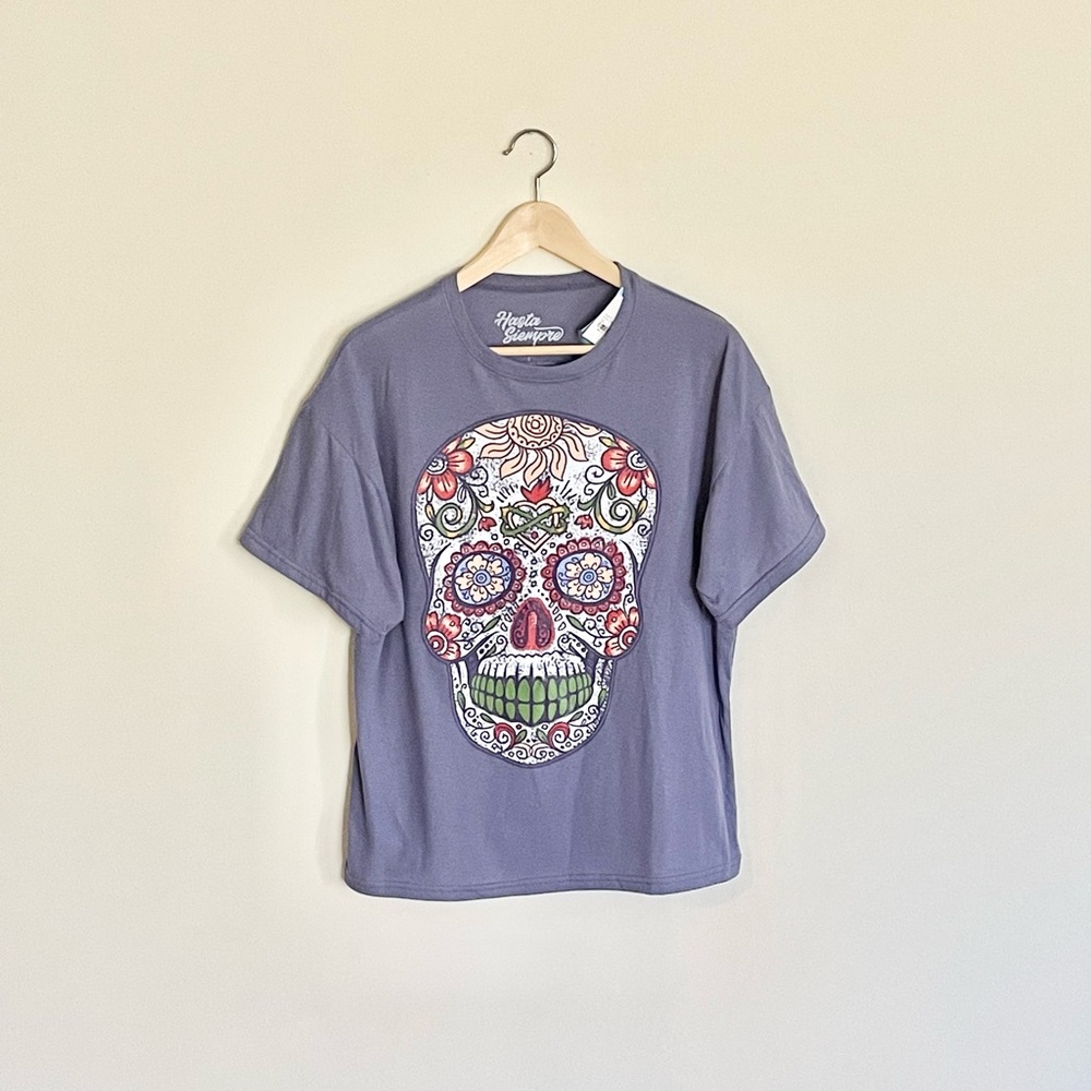 Hasta Siempre Sugar Skull Day of the Dead Graphic Purple T Shirt Women’s Small